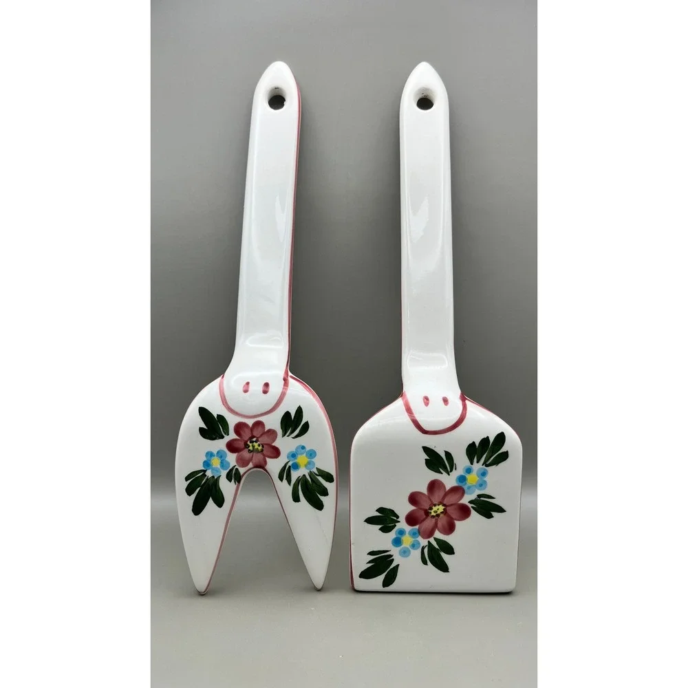 Ceramic Salad Server Set Hand Painted Floral Folk Art Fork & Spatula 12in Vtg